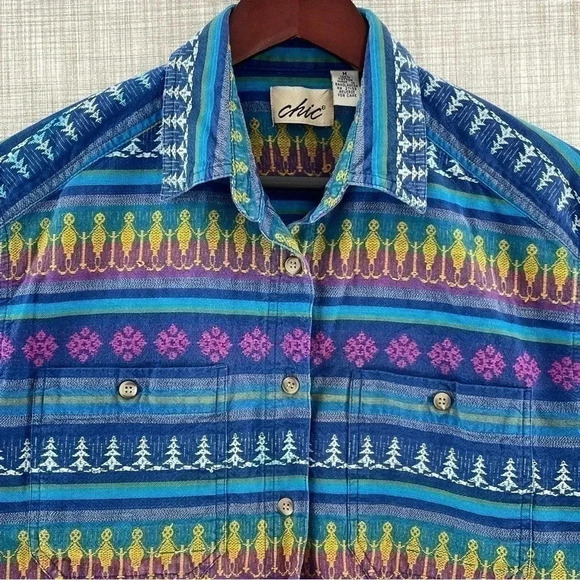 Vintage Chic Embroidered Holiday Long Sleeve Button Down Side Slit Women's M - Picture 1 of 10